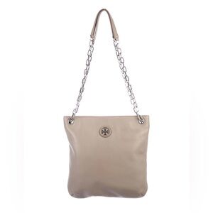 Tory Burch Whipstitch Logo Swingpack shoulder bag in gray beige pebbled leather